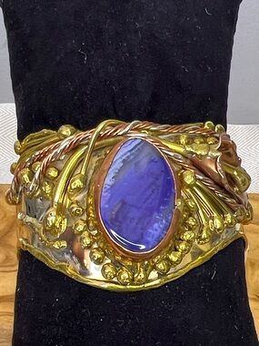 Handcrafted Blue Stone Mixed-Metal Statement Cuff Bracelet Renaissance Fair